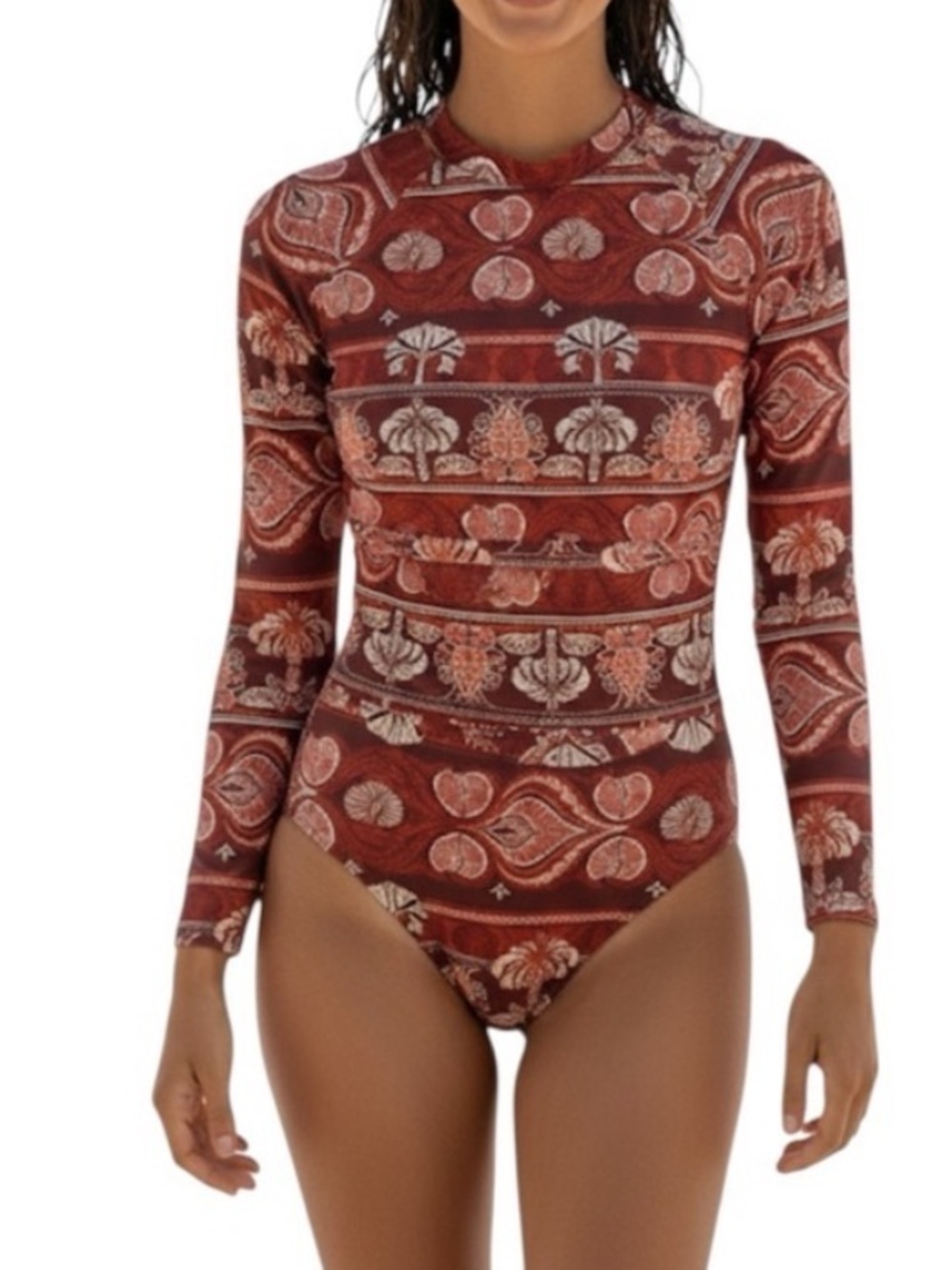 Long Sleeve One-Piece Swimsuit in Rust Print